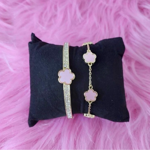 Gold and Pink Flower Bracelet Set - Picture 2 of 9